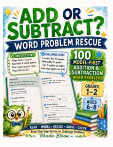 ADD OR SUBTRACT? – WORD PROBLEM RESCUE: 100 Model-First Addition and Subtraction Word Problems for Grades 1–2 (Rhada Bloom Kids: Word Problem Translation Rescue)