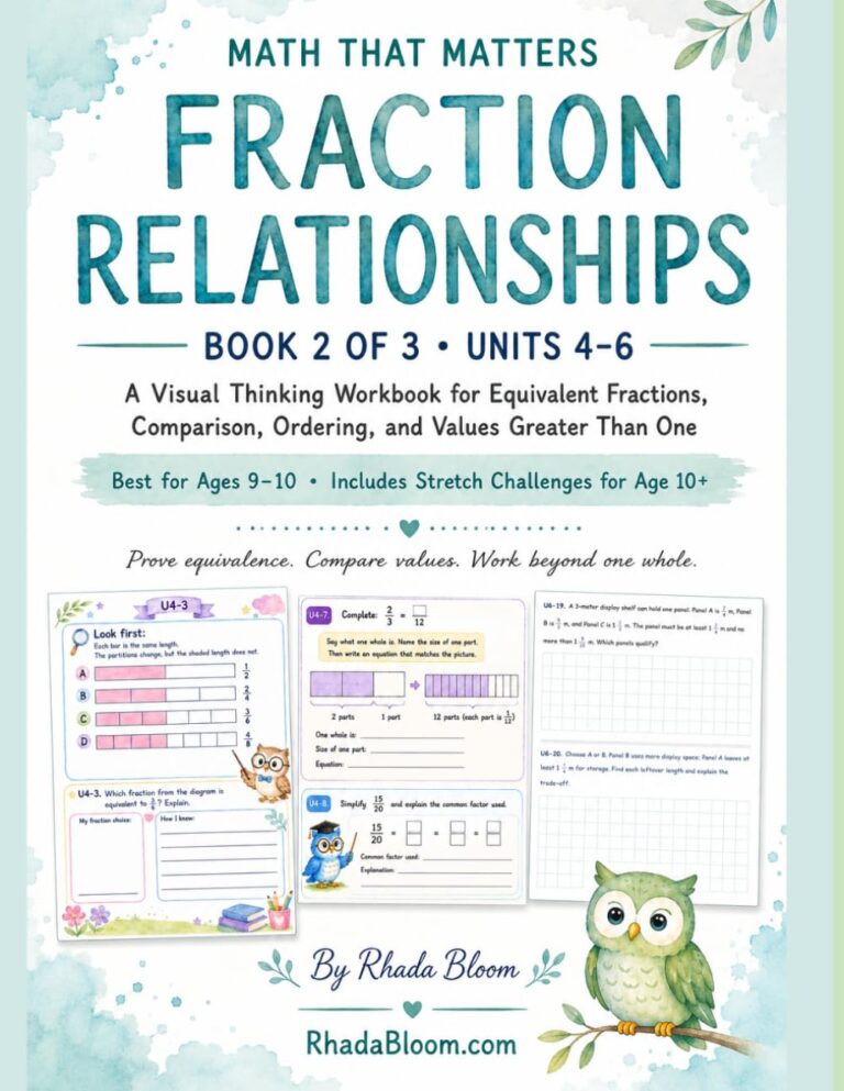 MATH THAT MATTERS : FRACTION RELATIONSHIPS: A Visual Thinking Workbook for Equivalent Fractions, Comparison, Ordering, and Values Greater Than One— Ages 9–10