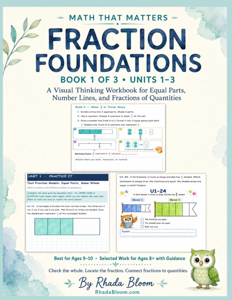 MATH THAT MATTERS : FRACTION FOUNDATIONS: A Visual Thinking Workbook for Equal Parts, Number Lines, and Fractions of Quantities — Ages 9–10