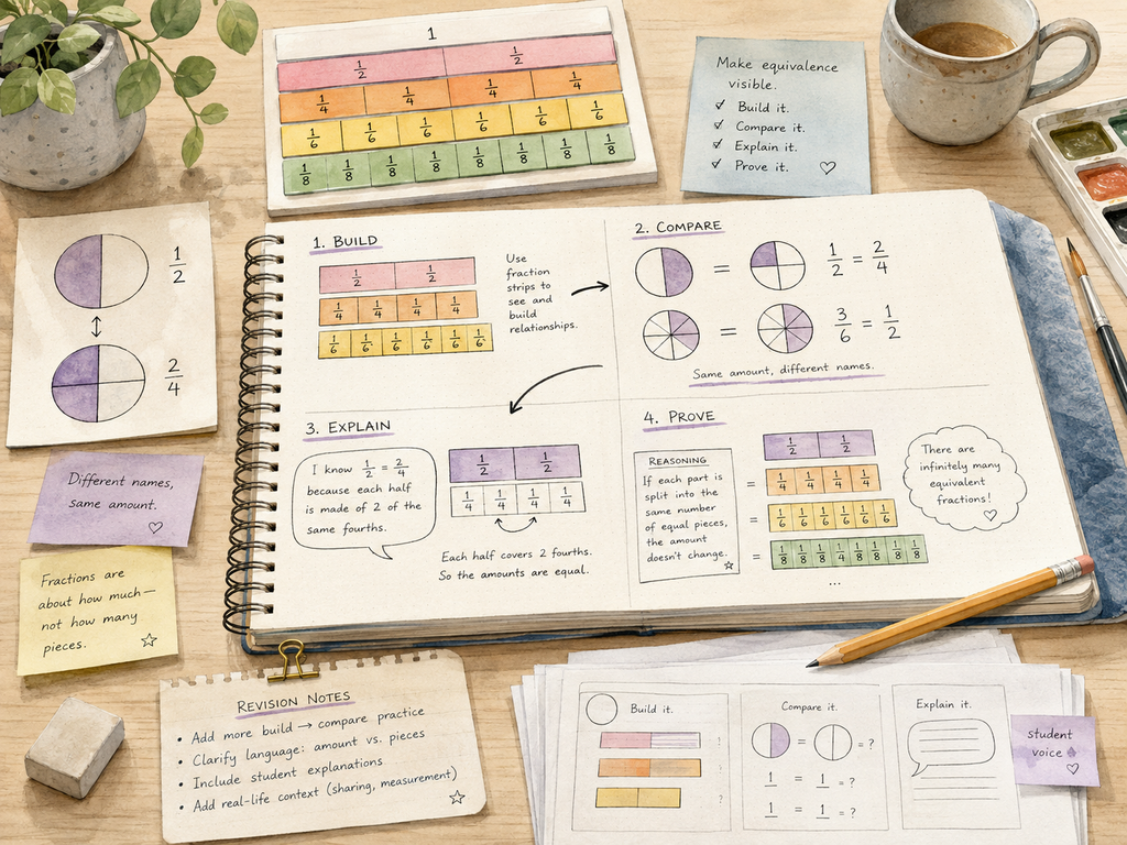 Planning desk showing equivalent fractions notes, visual models, and revision process