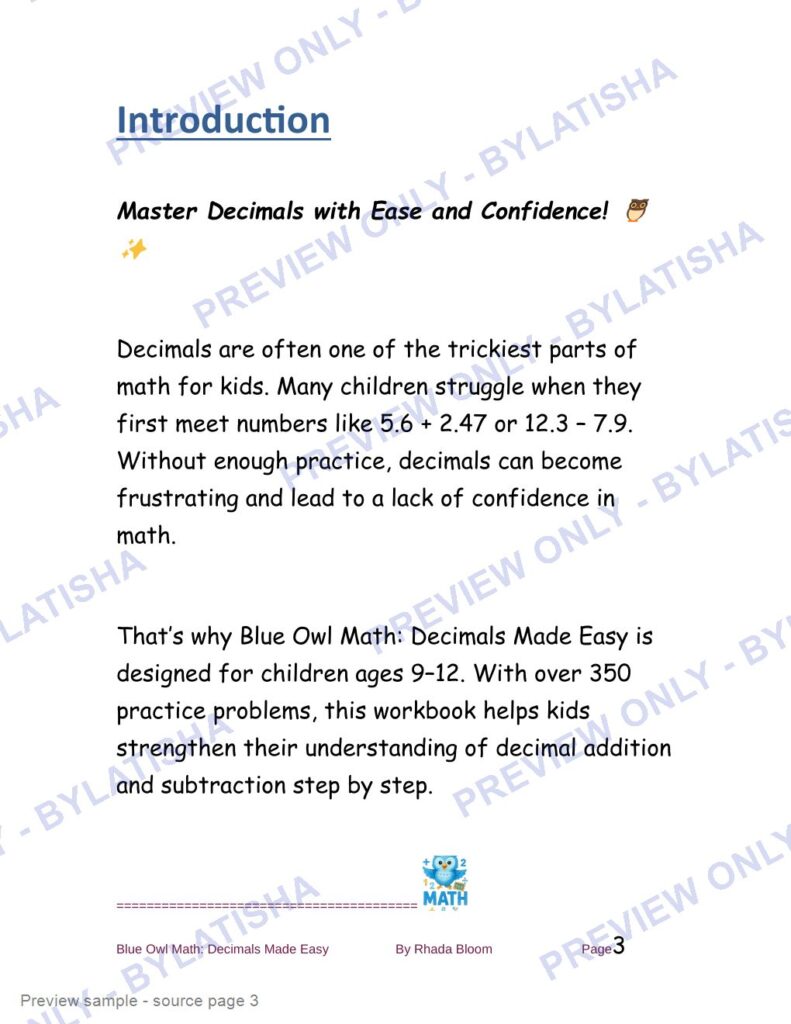 Blue Owl Math: Decimals Made Easy - 350+ Practice Problems for Kids preview sample