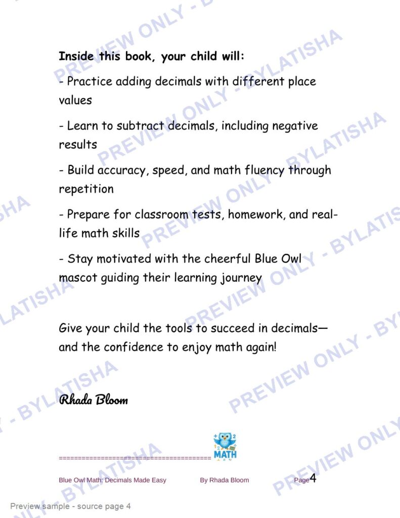 Blue Owl Math: Decimals Made Easy - 350+ Practice Problems for Kids preview sample