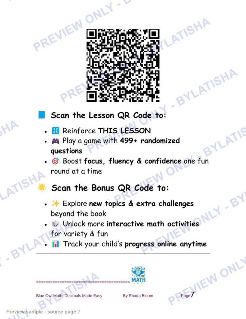 Blue Owl Math: Decimals Made Easy - 350+ Practice Problems for Kids preview sample
