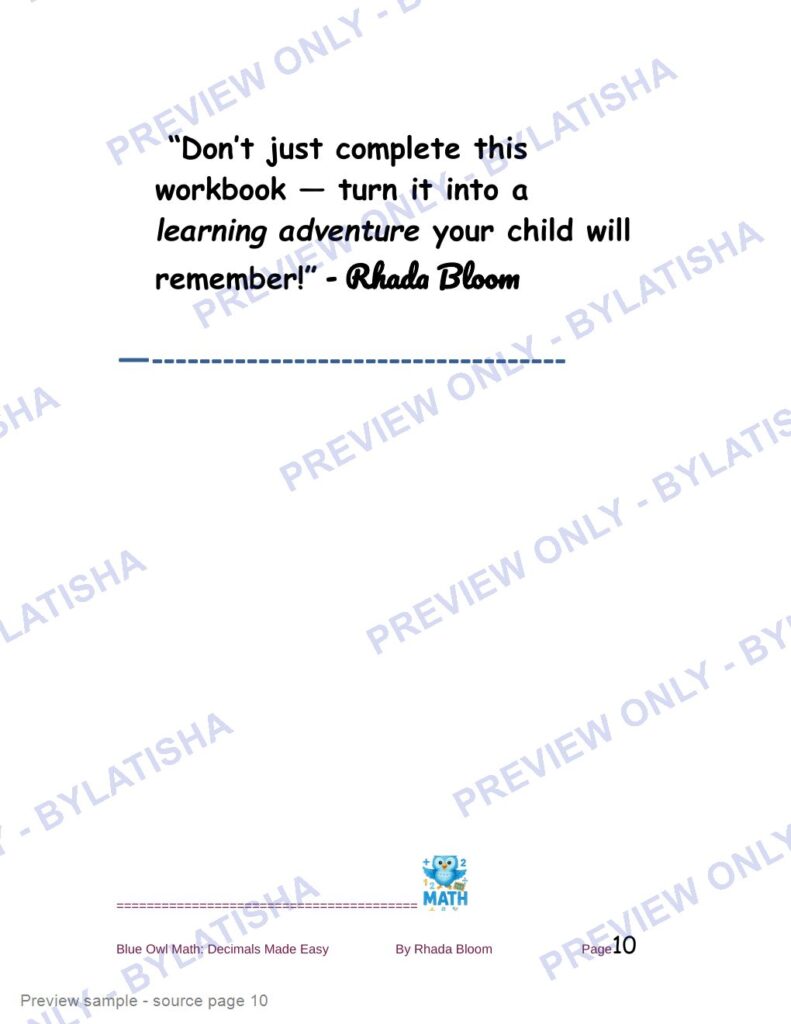 Blue Owl Math: Decimals Made Easy - 350+ Practice Problems for Kids preview sample