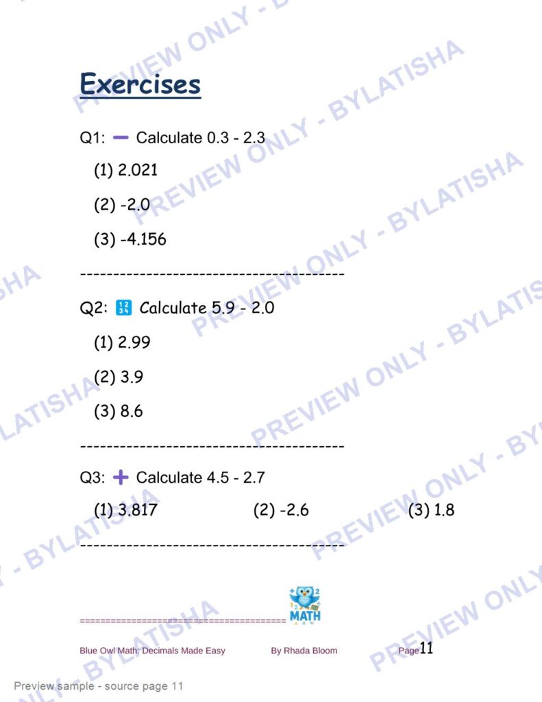 Blue Owl Math: Decimals Made Easy - 350+ Practice Problems for Kids preview sample