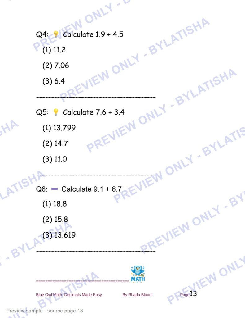Blue Owl Math: Decimals Made Easy - 350+ Practice Problems for Kids preview sample