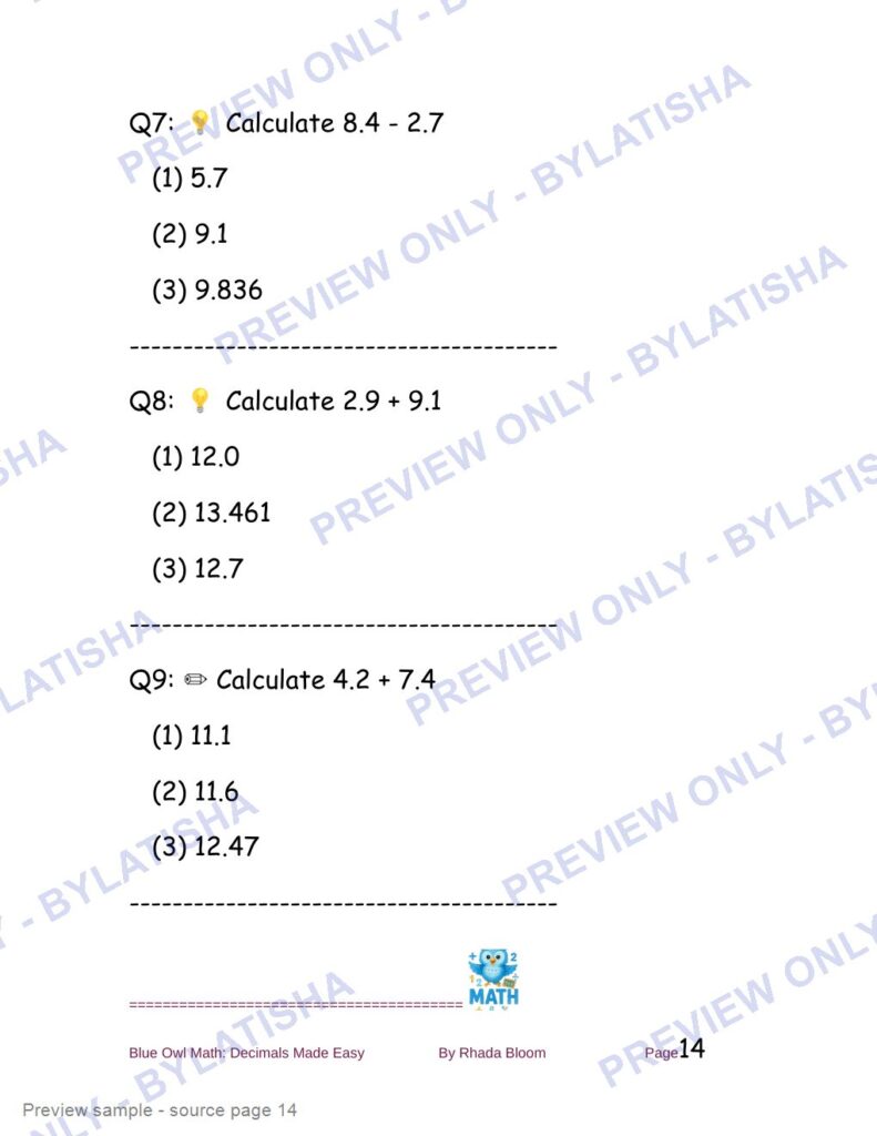 Blue Owl Math: Decimals Made Easy - 350+ Practice Problems for Kids preview sample
