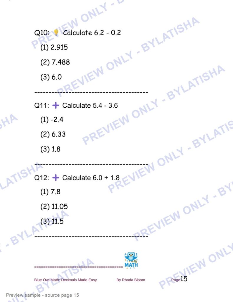 Blue Owl Math: Decimals Made Easy - 350+ Practice Problems for Kids preview sample