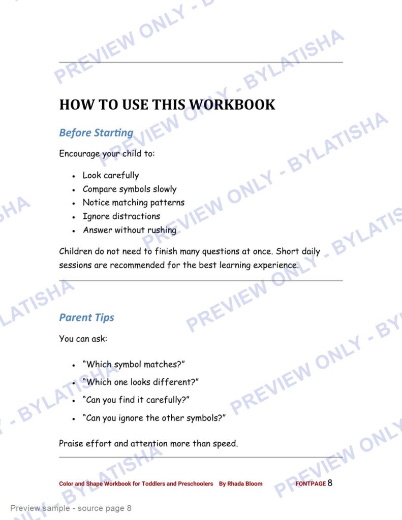 Color and Shape Workbook for Toddlers and Preschoolers preview sample
