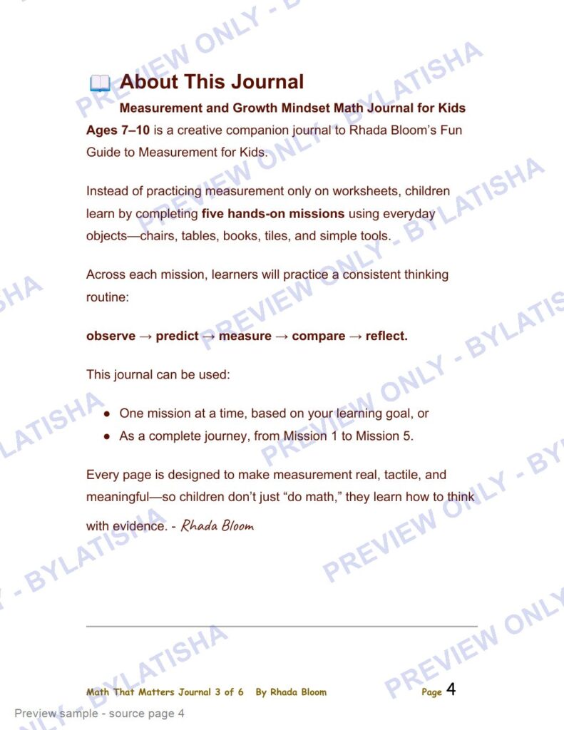 Measurement and Growth Mindset Math Journal for Kids Ages 7-10 preview sample