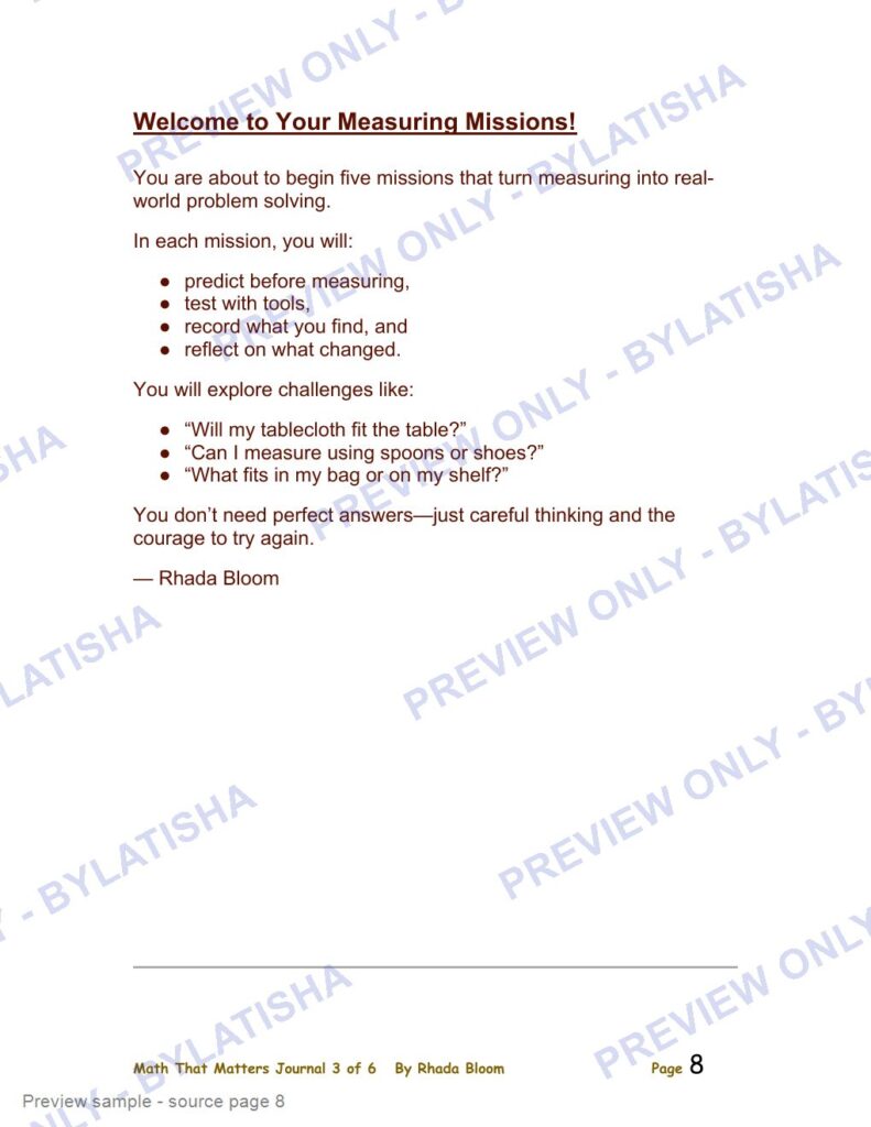 Measurement and Growth Mindset Math Journal for Kids Ages 7-10 preview sample
