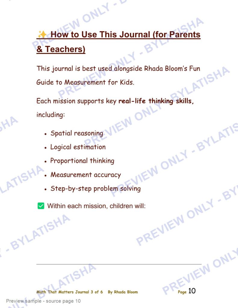 Measurement and Growth Mindset Math Journal for Kids Ages 7-10 preview sample