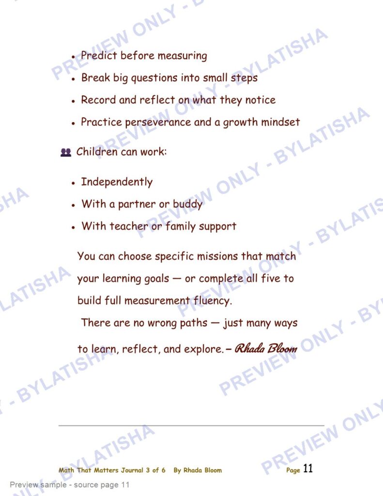 Measurement and Growth Mindset Math Journal for Kids Ages 7-10 preview sample
