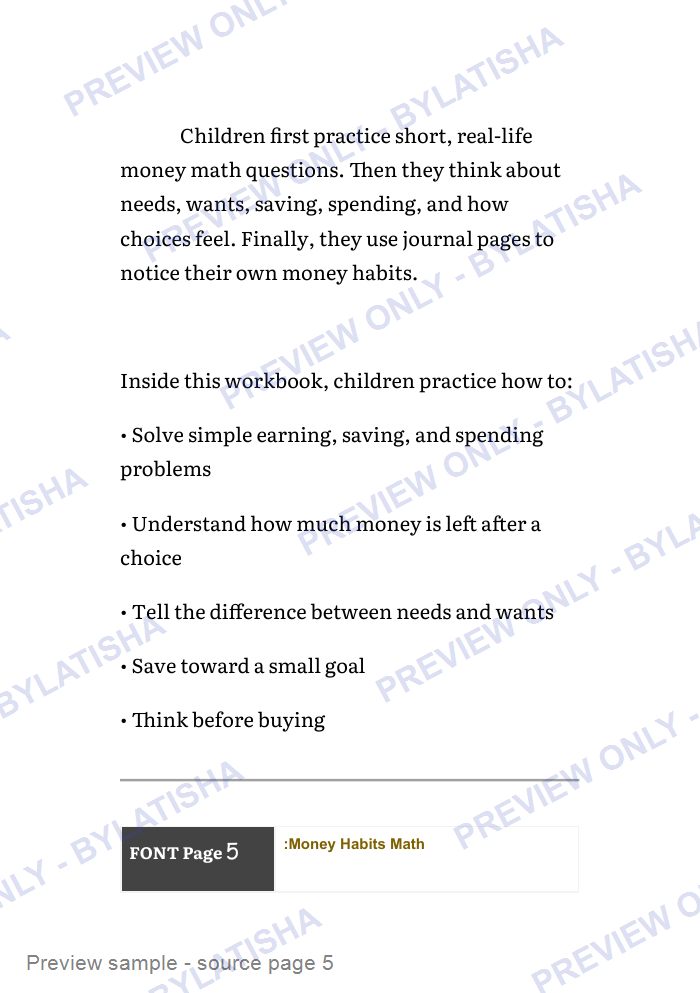 Money Habits Math for Kids Ages 7-12 preview sample