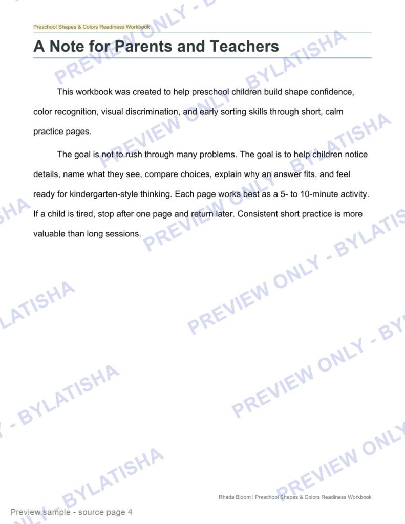 Preschool Shapes and Colors Readiness Workbook preview sample