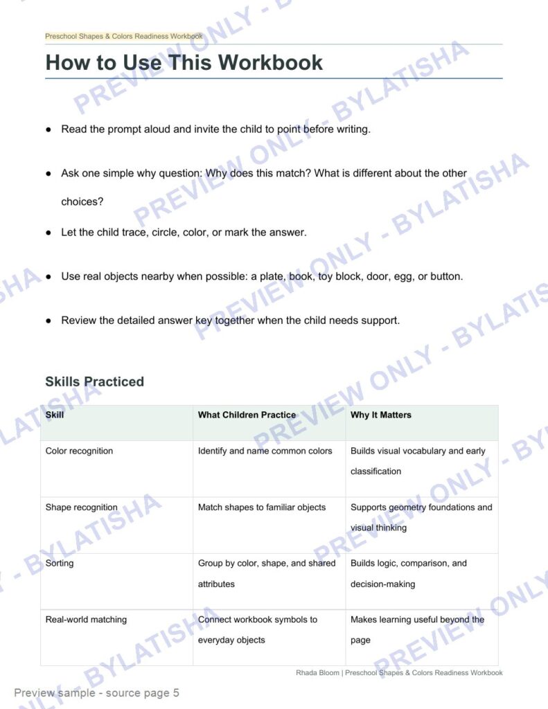 Preschool Shapes and Colors Readiness Workbook preview sample