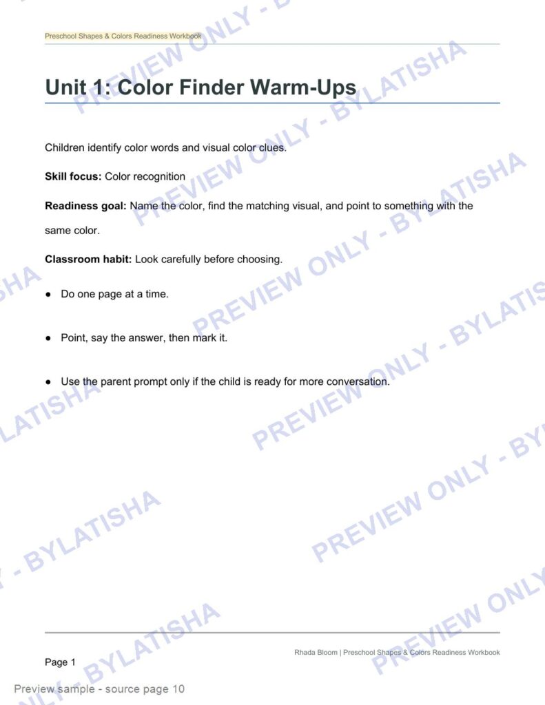 Preschool Shapes and Colors Readiness Workbook preview sample