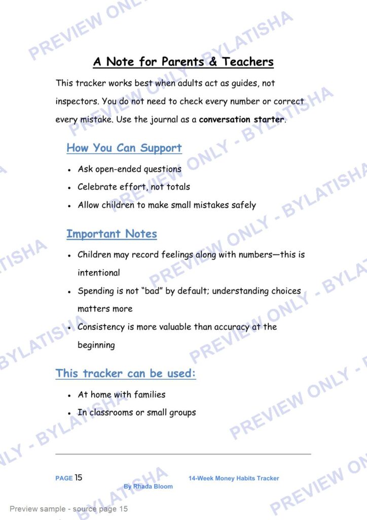 Smart Money Math Adventures: 14-Week Money Habits Tracker preview sample
