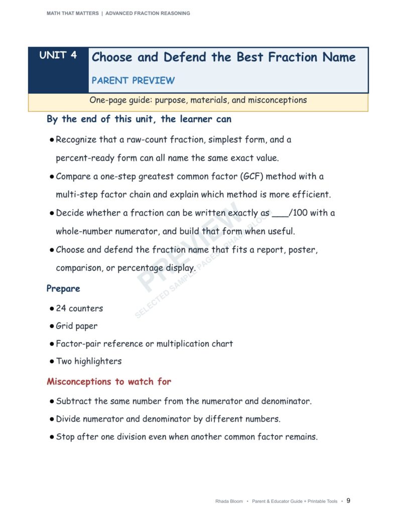 MATH THAT MATTERS: Advanced Fraction Reasoning Unit 4: Choose and Defend the Best Fraction Name (Best for Ages 11–12 • Advanced Learners Ages 10+) sample preview page 5