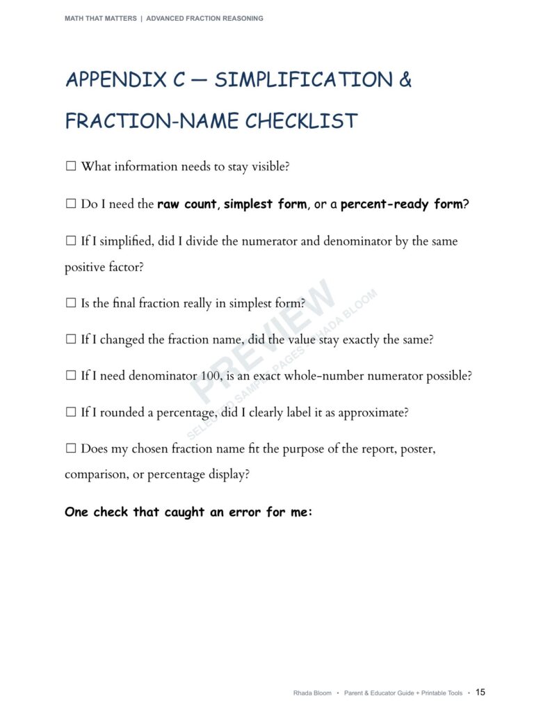 MATH THAT MATTERS: Advanced Fraction Reasoning Unit 4: Choose and Defend the Best Fraction Name (Best for Ages 11–12 • Advanced Learners Ages 10+) sample preview page 7