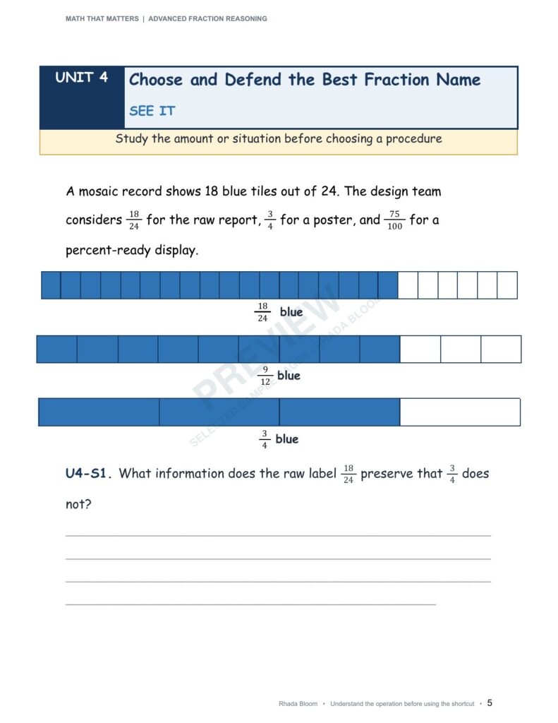 MATH THAT MATTERS: Advanced Fraction Reasoning Unit 4: Choose and Defend the Best Fraction Name (Best for Ages 11–12 • Advanced Learners Ages 10+) sample preview page 9