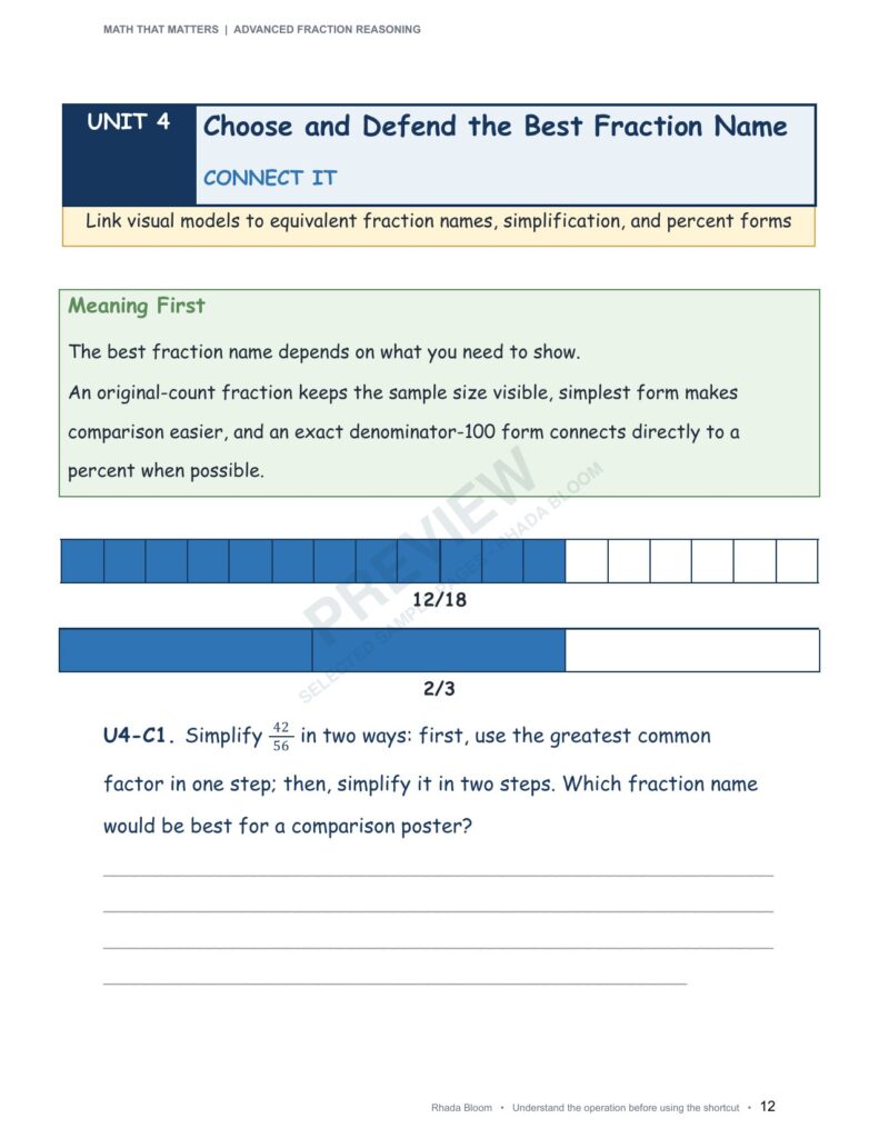 MATH THAT MATTERS: Advanced Fraction Reasoning Unit 4: Choose and Defend the Best Fraction Name (Best for Ages 11–12 • Advanced Learners Ages 10+) sample preview page 11