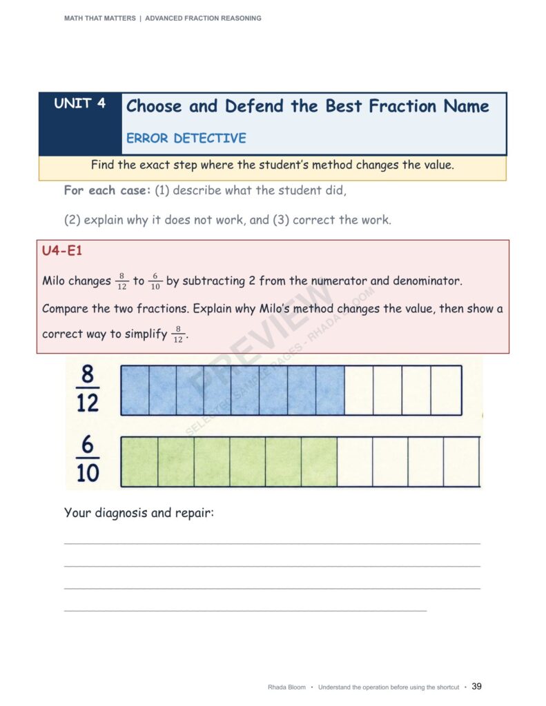 MATH THAT MATTERS: Advanced Fraction Reasoning Unit 4: Choose and Defend the Best Fraction Name (Best for Ages 11–12 • Advanced Learners Ages 10+) sample preview page 15