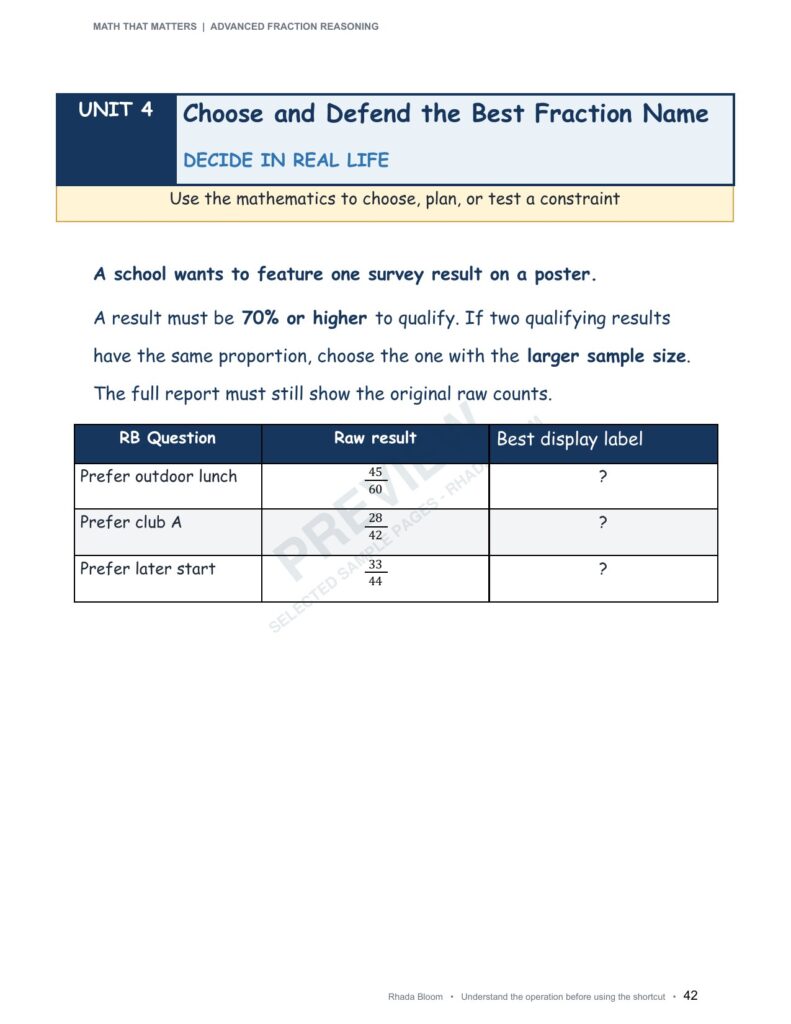 MATH THAT MATTERS: Advanced Fraction Reasoning Unit 4: Choose and Defend the Best Fraction Name (Best for Ages 11–12 • Advanced Learners Ages 10+) sample preview page 16