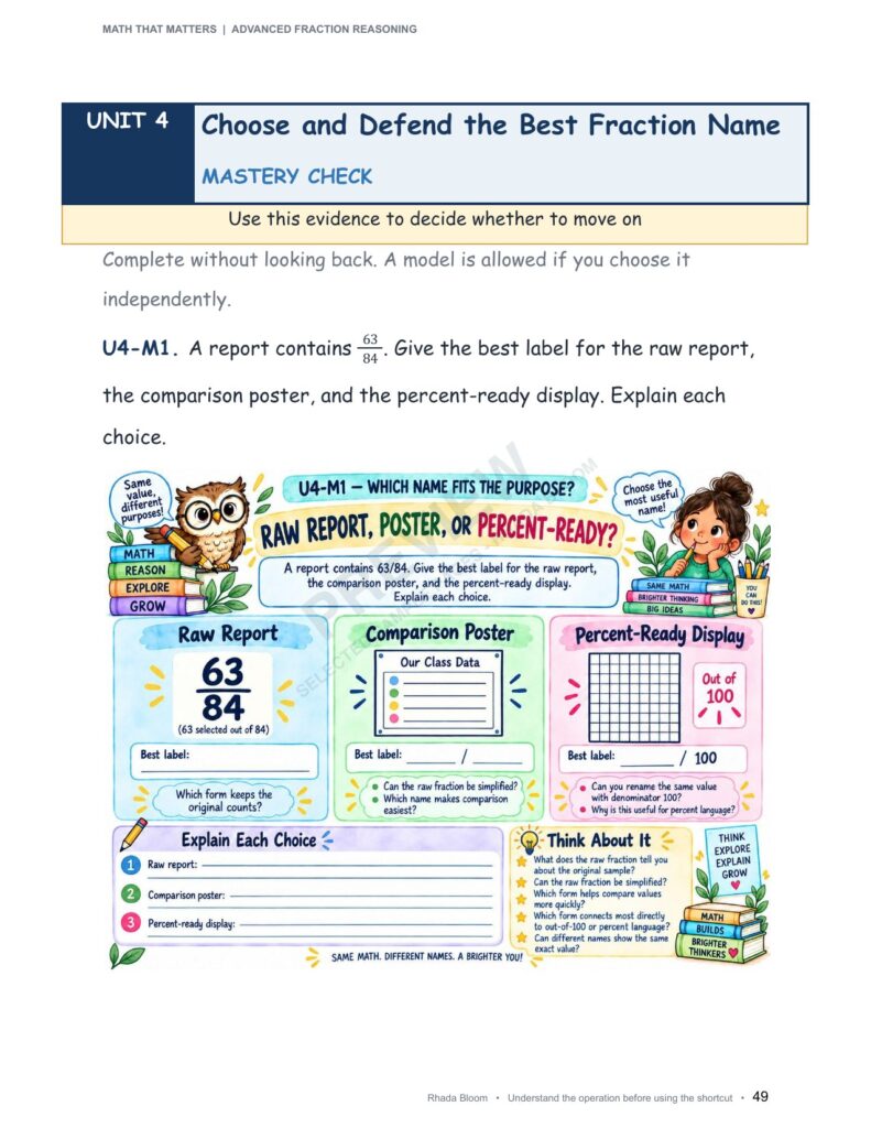 MATH THAT MATTERS: Advanced Fraction Reasoning Unit 4: Choose and Defend the Best Fraction Name (Best for Ages 11–12 • Advanced Learners Ages 10+) sample preview page 17