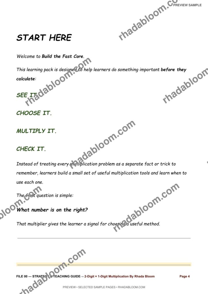 Multiplication Learning Pack :2-Digit × 1-Digit Multiplication By Rhada Bloom sample preview page 2 - Strategy & Teaching Guide