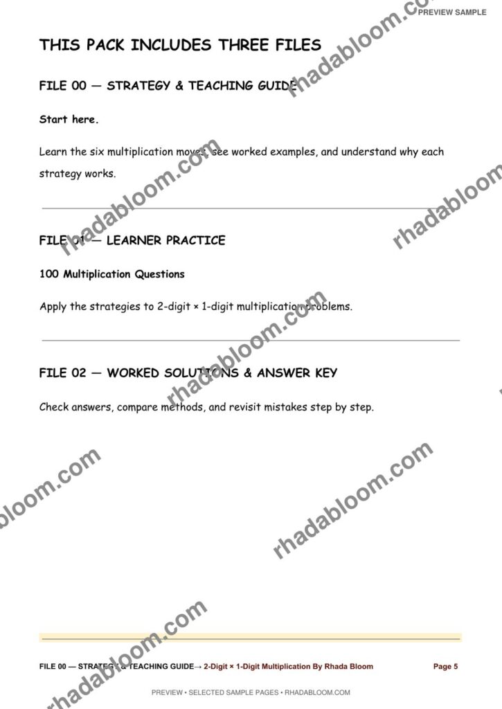 Multiplication Learning Pack :2-Digit × 1-Digit Multiplication By Rhada Bloom sample preview page 3 - Strategy & Teaching Guide