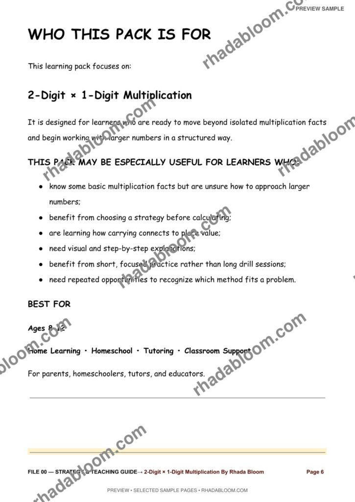 Multiplication Learning Pack :2-Digit × 1-Digit Multiplication By Rhada Bloom sample preview page 4 - Strategy & Teaching Guide